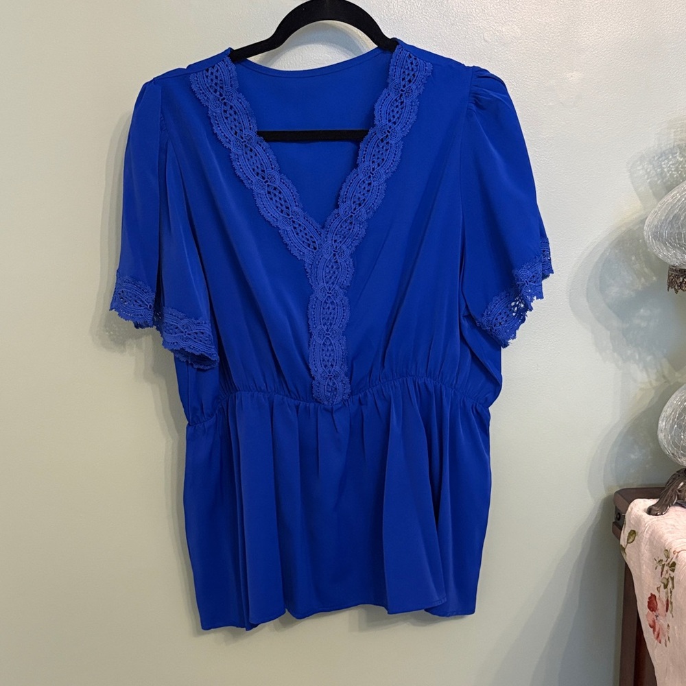 Royal Blue Lace-Trim V-Neck Blouse